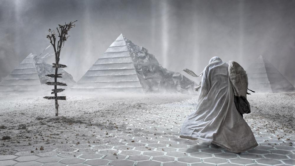 Black and white apocalyptic fantasy digital art wallpaper