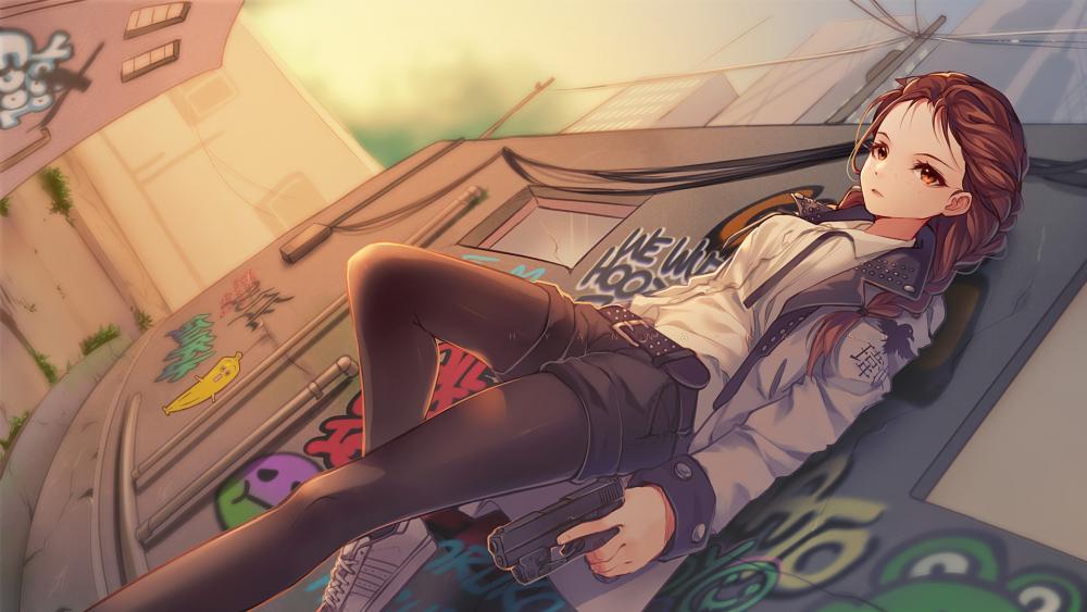 Braid brown hair anime girl with gun wallpaper