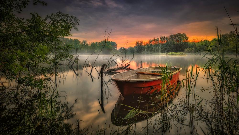Lake with a boat in Brandenburg wallpaper
