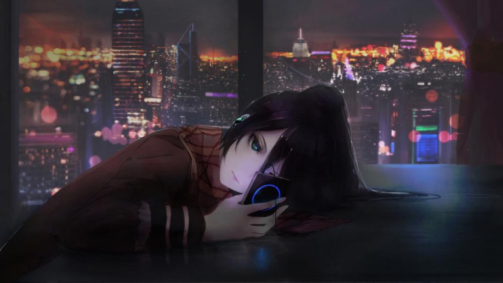 Anime girl listening to music wallpaper
