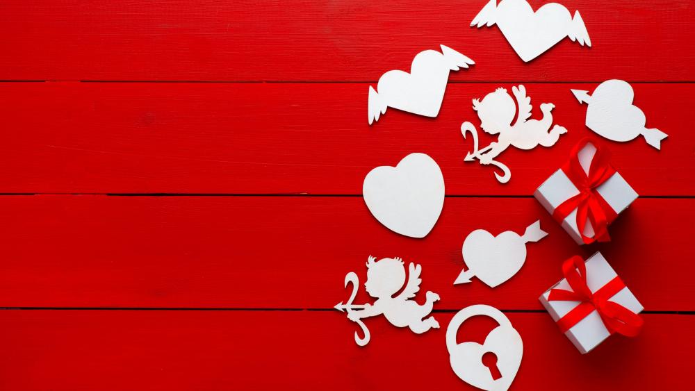 Valentine's day decoration on red wood planks wallpaper