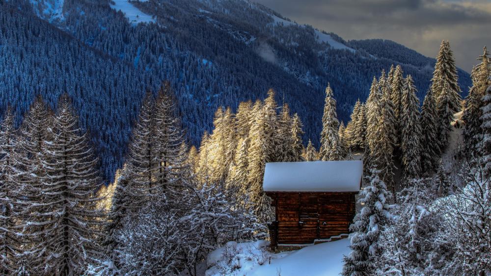 Snowy log cabin in Switzerland wallpaper