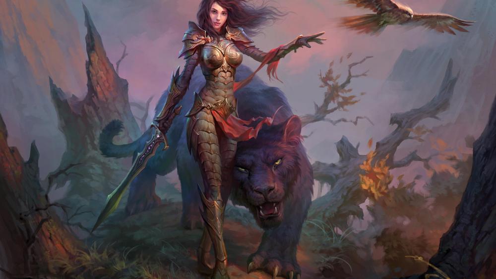 Woman warrior with a magical animal wallpaper