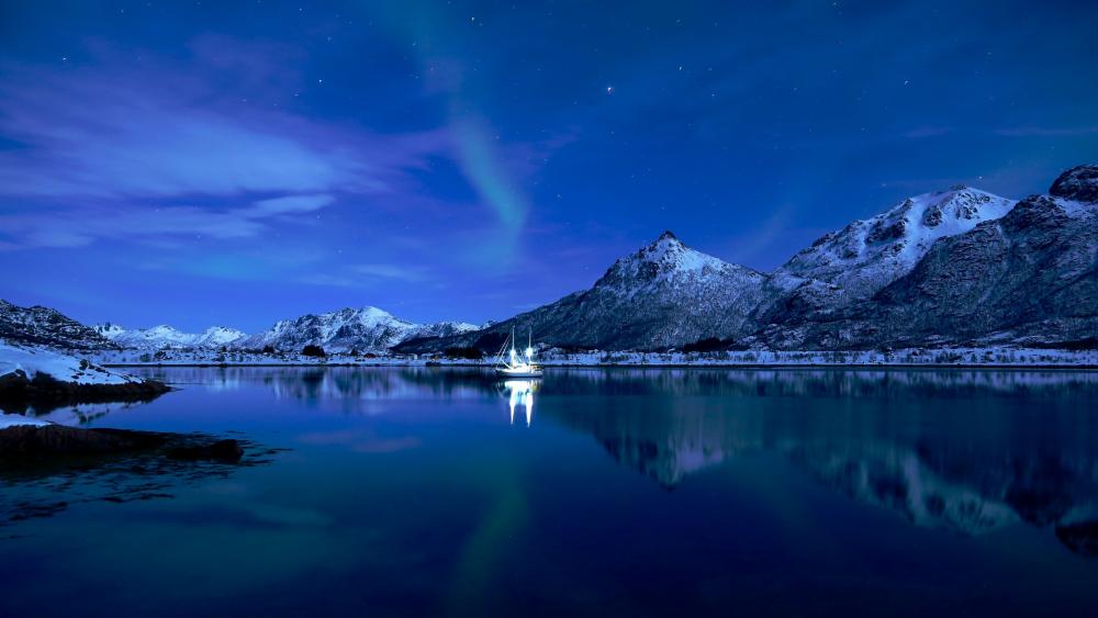 Lofoten night reflection wallpaper
