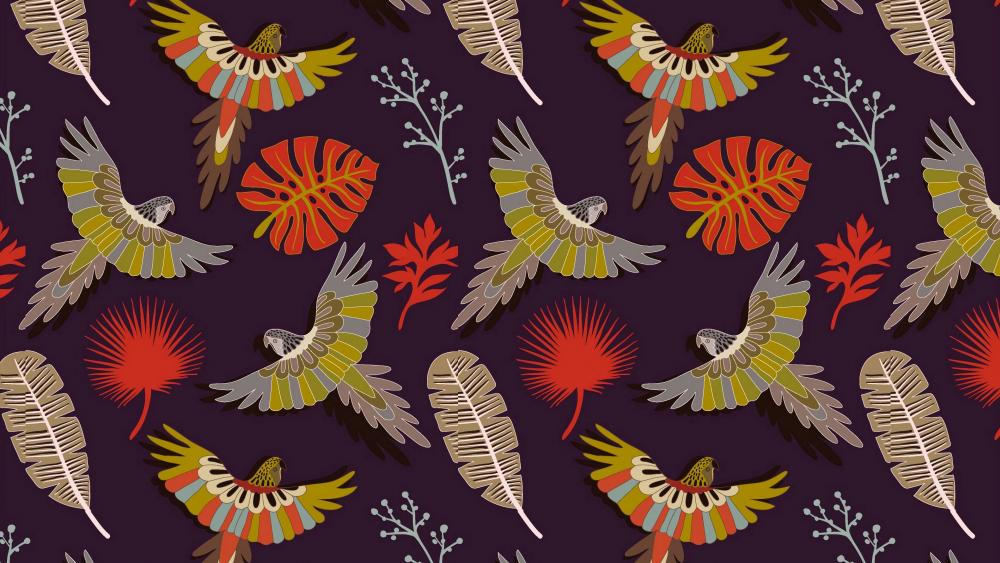 Parrots leaves and feathers pattern wallpaper