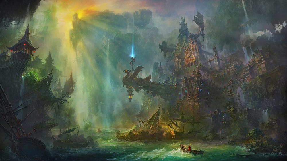 Fantasy city in a forest wallpaper