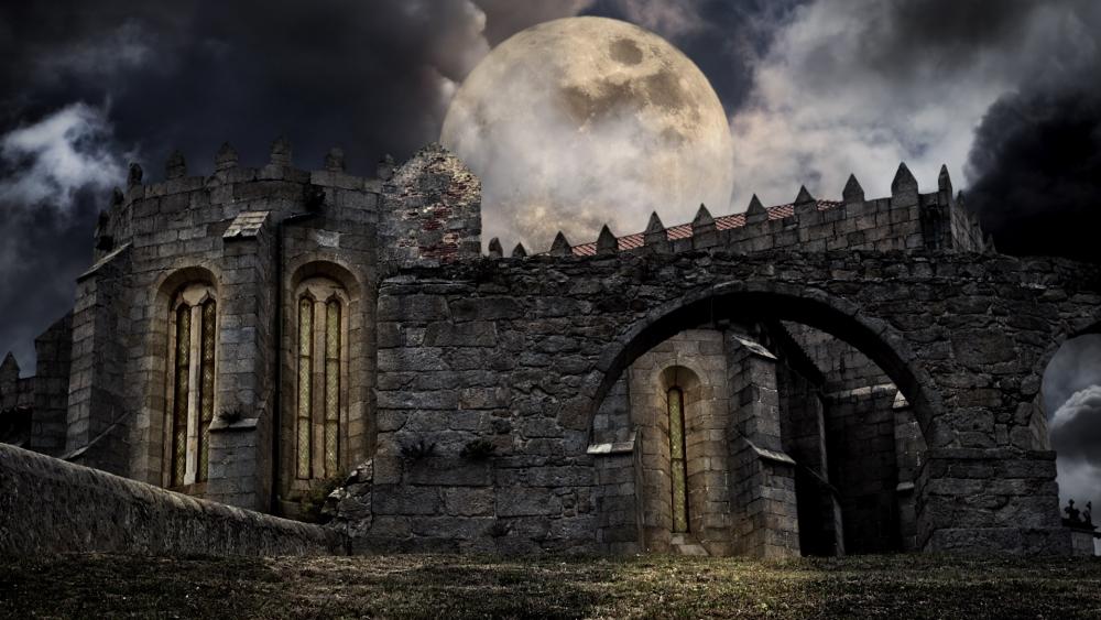 Gothic castle ruins at full mooon wallpaper