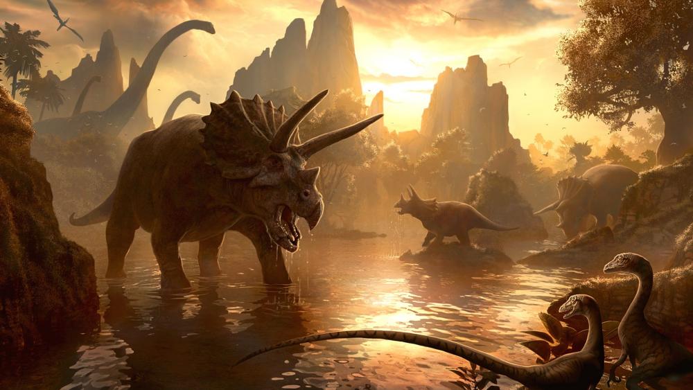 Dinosaurs at the watering hole wallpaper