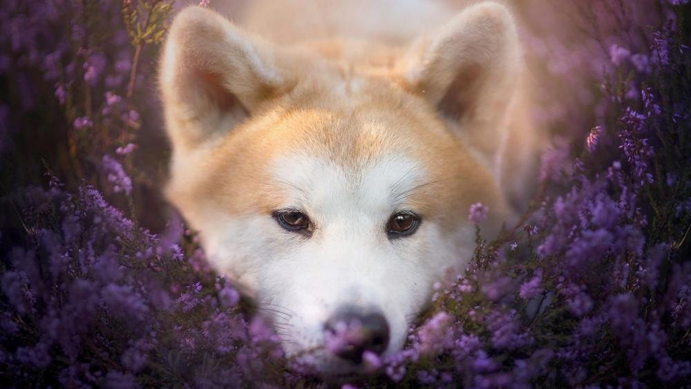 Akita dog lying between the purple flowers wallpaper