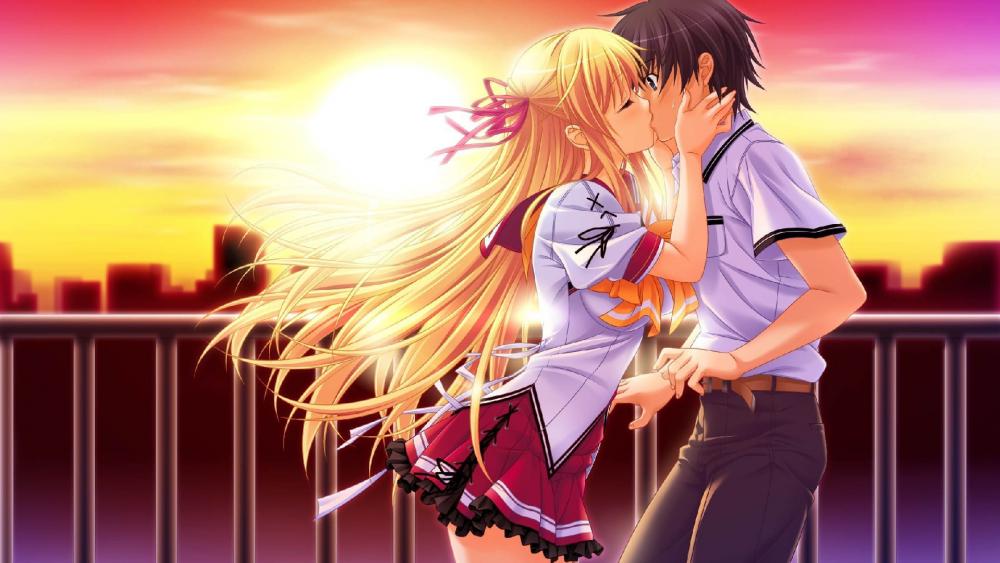 Romantic anime kiss wallpaper - backiee