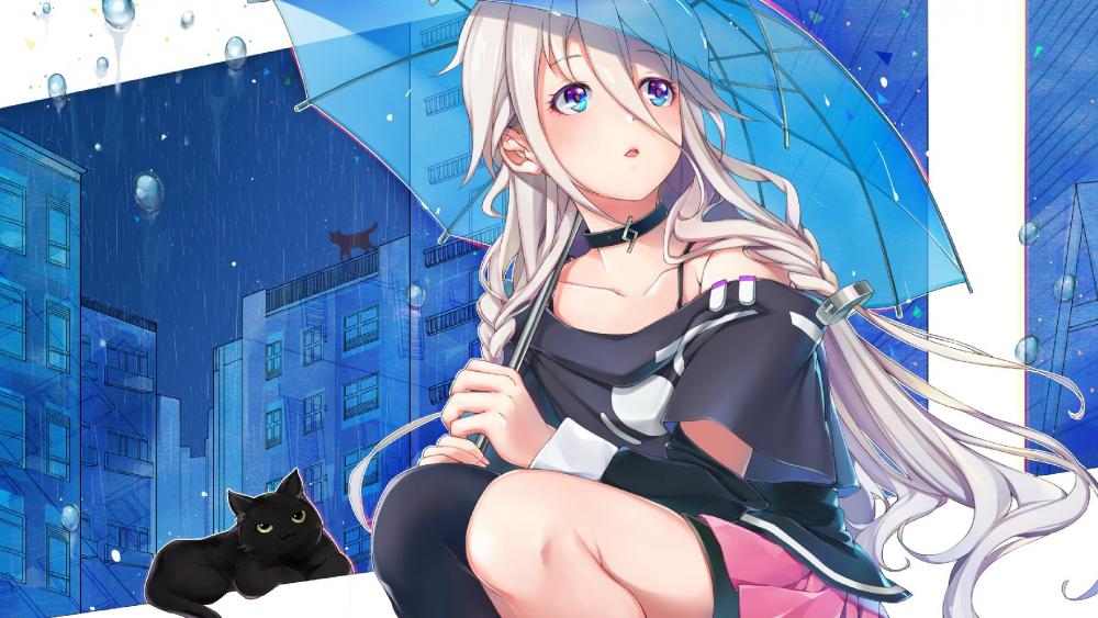 Anime girl with an umbrella on a rainy night wallpaper
