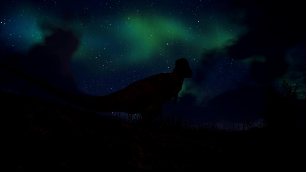 Dinosaur on the background of the Northern lights wallpaper