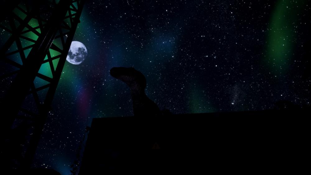 Dinosaur on the background of the Northern lights at full moon wallpaper