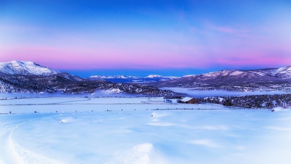 Wooden house in the snowy highland wallpaper