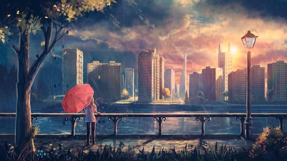 Girl in the rain - Anime art wallpaper