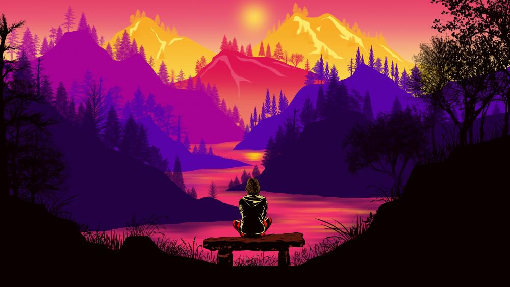 Mountains in the burning sunset from a bench wallpaper