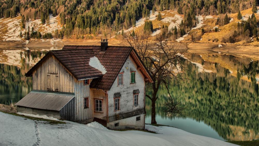 Lakeside house in a valley wallpaper