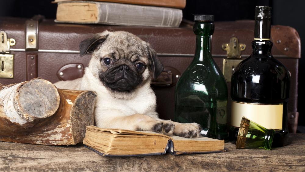 Pug dog reads a book wallpaper