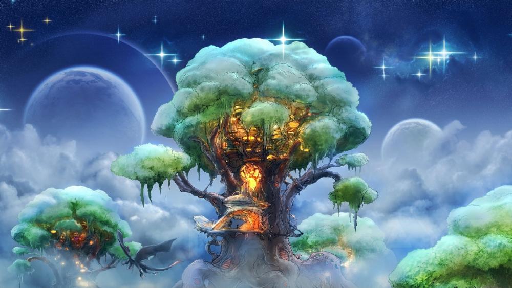 Magic tree among the clouds wallpaper