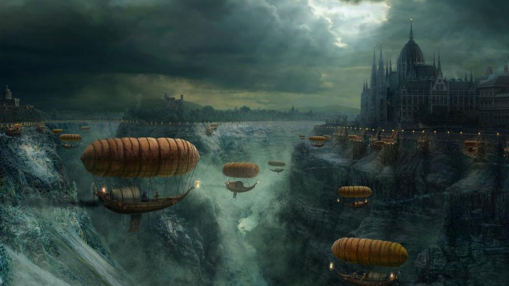 Steampunk fantasy world with airships wallpaper