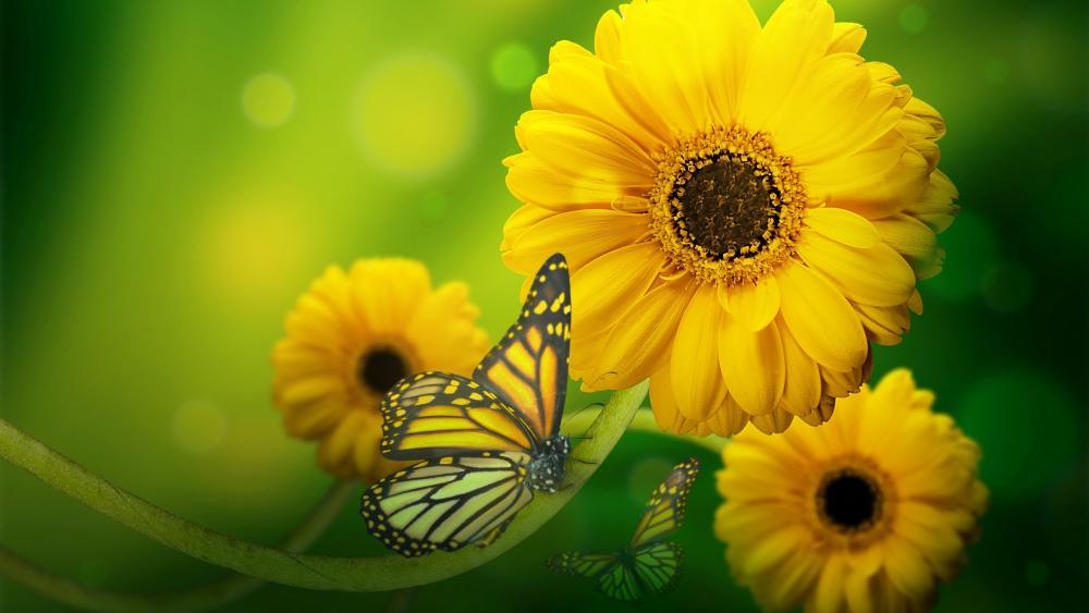 Yellow flowers and butterflies wallpaper