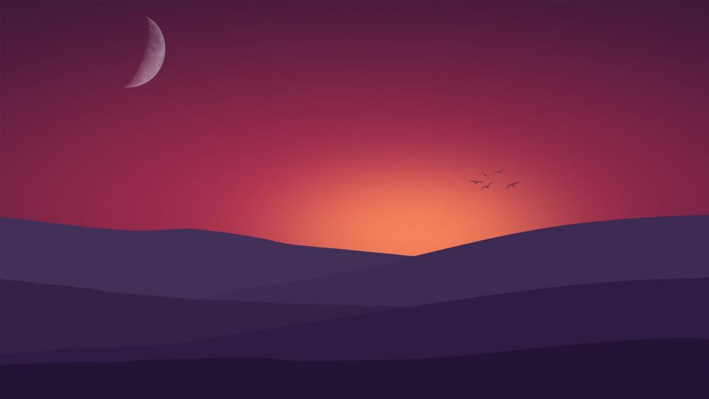 Birds flying towards the sunset landscape Minimal Art wallpaper