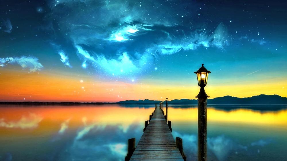 Pier sith a street lantern fantasy landscape wallpaper