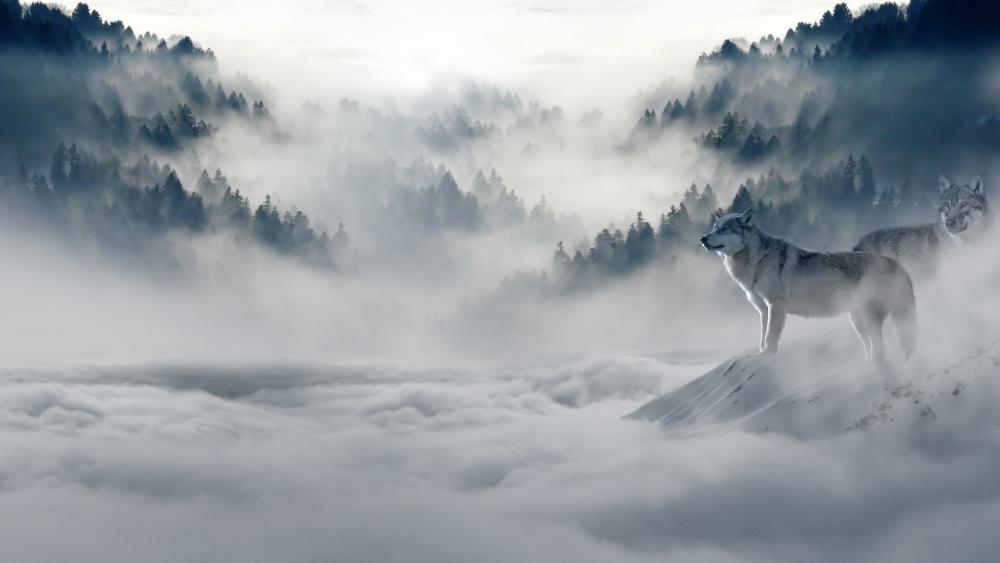 Wolves in a foggy forest wallpaper