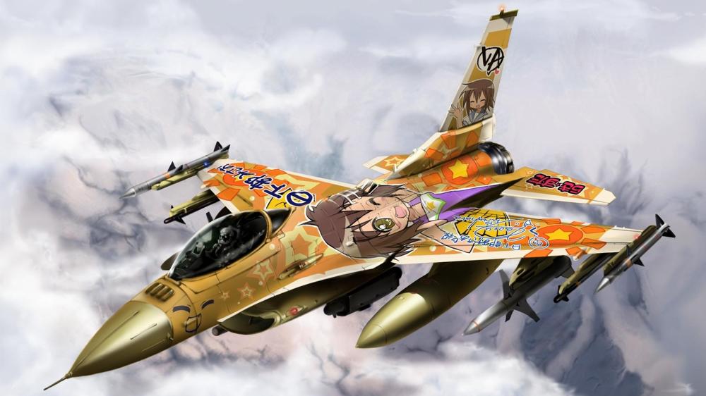 General Dynamics F-16 Fighting Falcon with anime paintings wallpaper