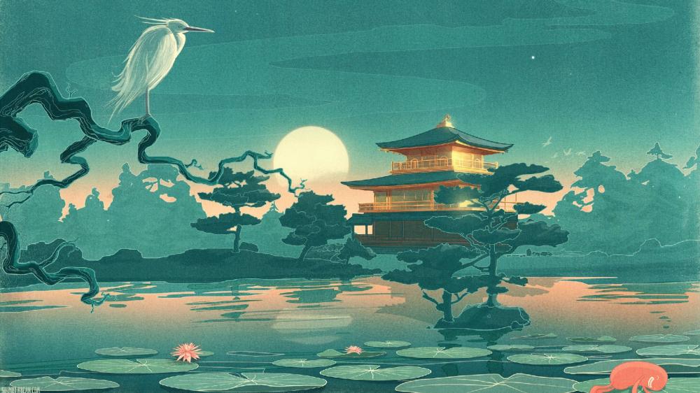 Pagoda in the moonlight japanese art wallpaper
