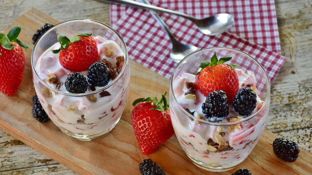 Yogurt with strawberries and blackberries wallpaper