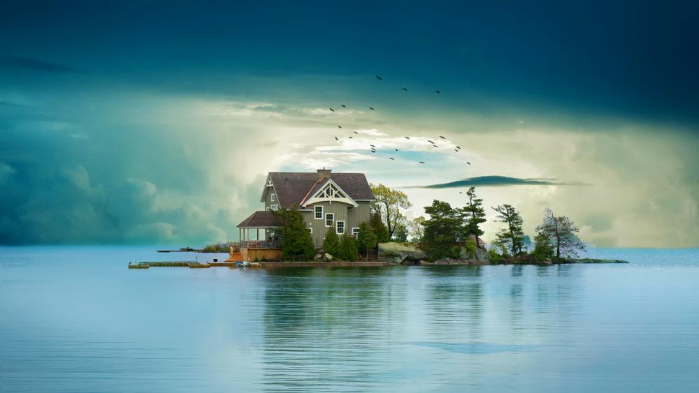 Sweet house on a small island wallpaper