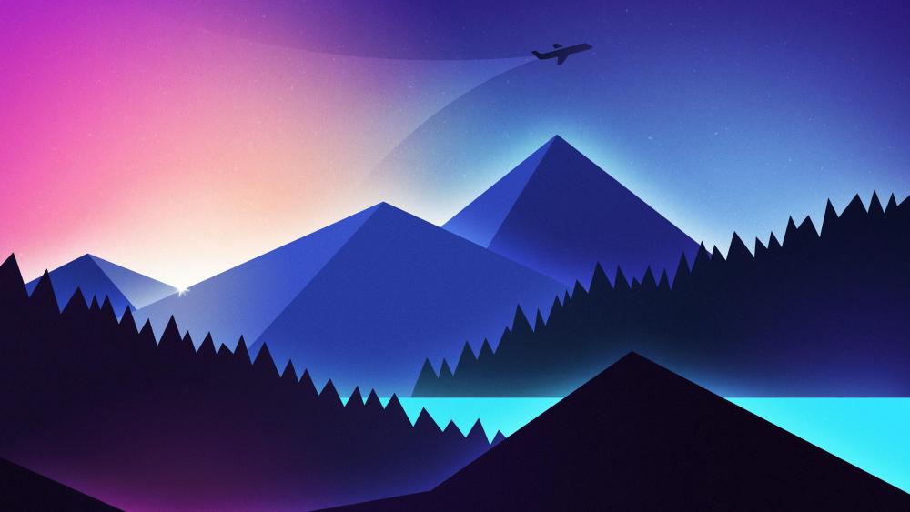 Minimal landscape with a flying airplane wallpaper