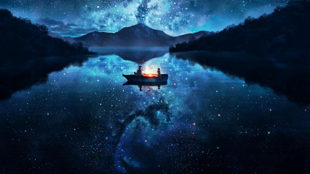 Lake Starry Sky Girl Boy Boat wallpaper
