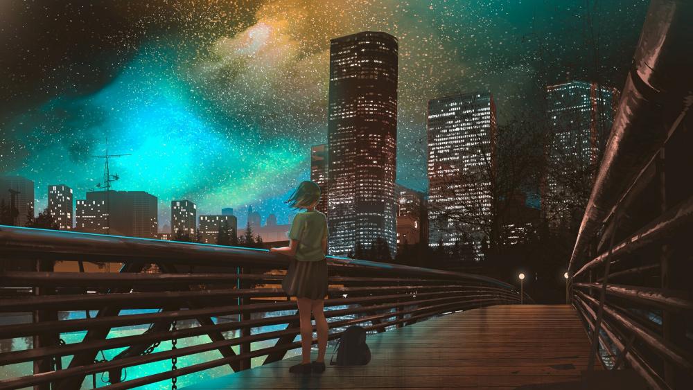 Lone girl in the night city anime art wallpaper