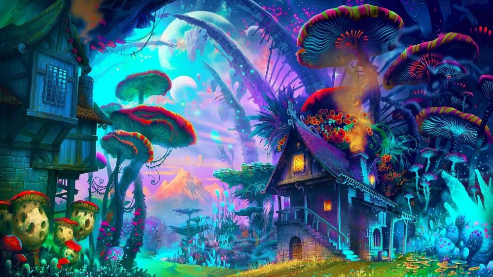 Illuminating mushrooms in a magical forest wallpaper