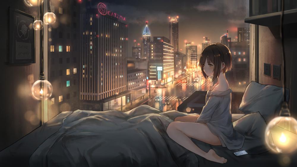 Anime girl night scene wallpaper