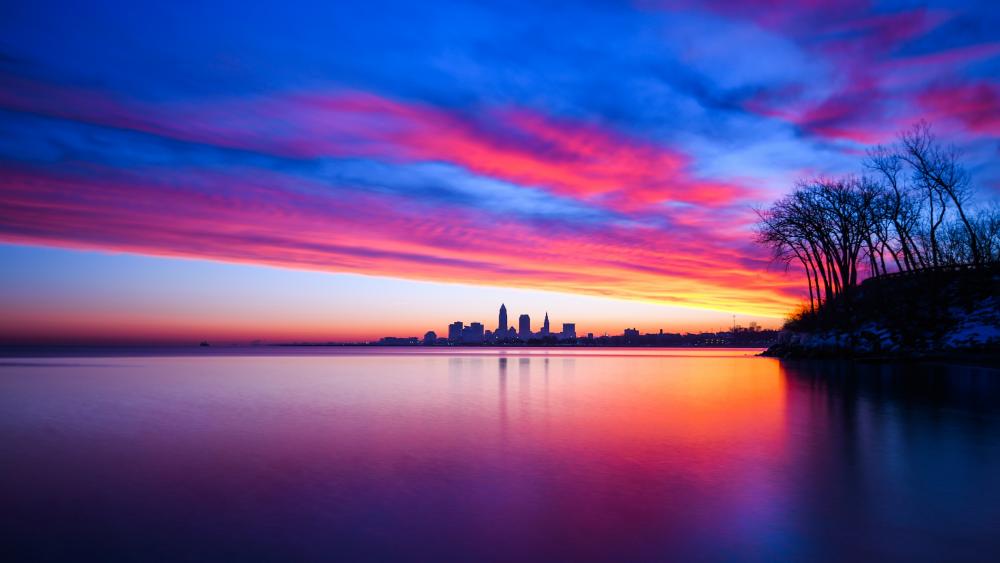 Lake Erie and Cleveland at sunset wallpaper