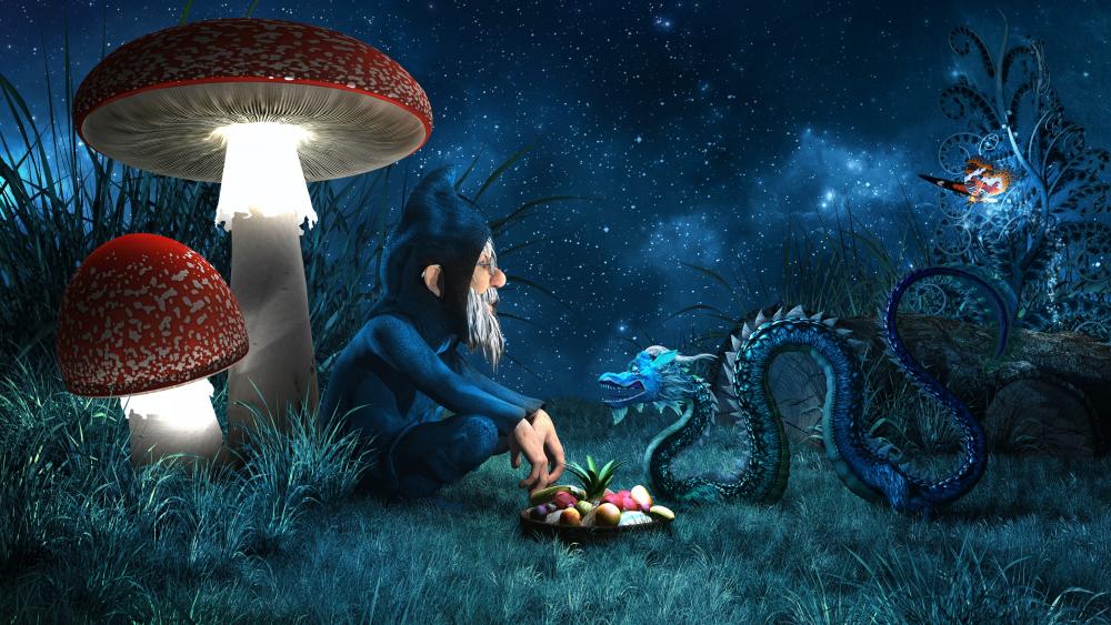 Goblin under the glowing mushrooms wallpaper