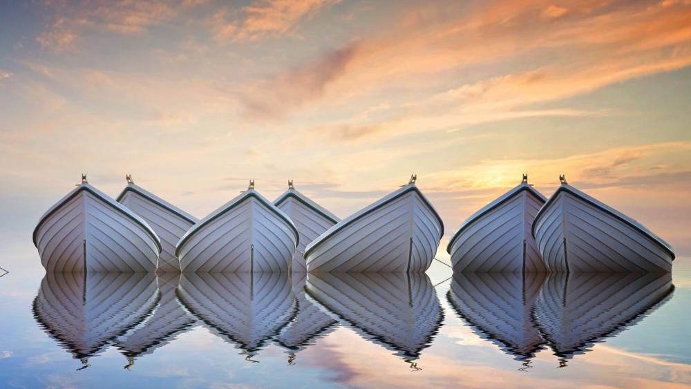 White boats floating on a calm lake wallpaper