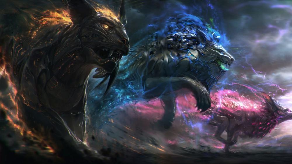 Epic Clash of Fire and Ice Beasts wallpaper