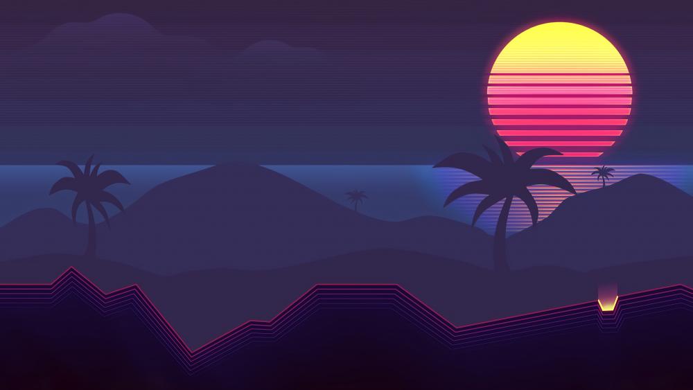 Palms at sunset retrowave art wallpaper