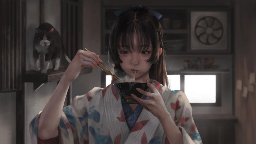 Japanese anime girl eating noodles art wallpaper