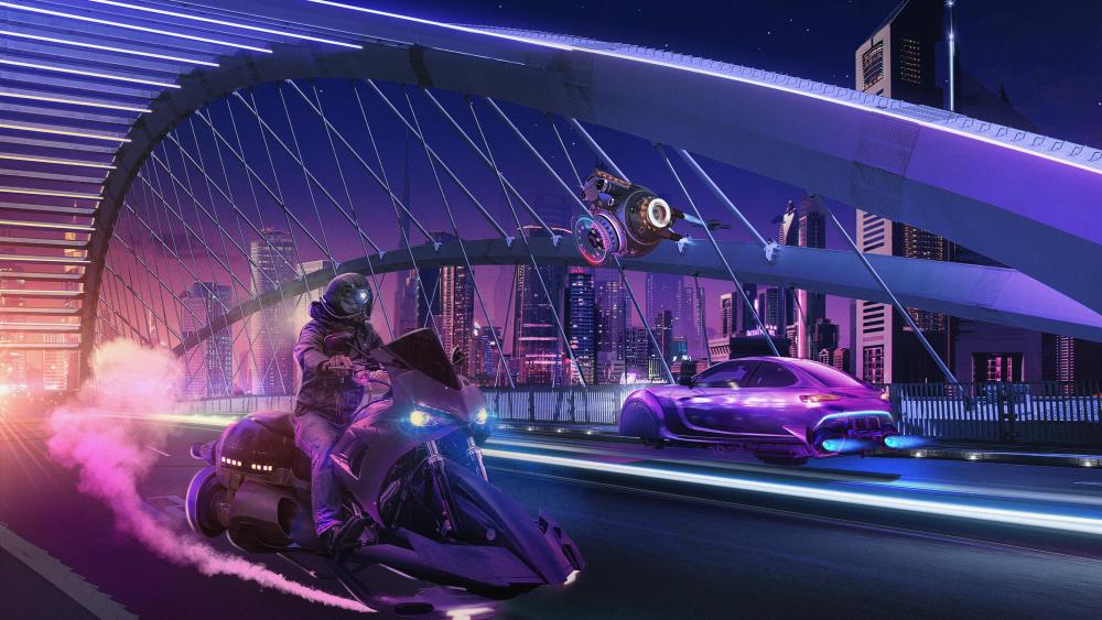 Dubai night ride scifi art wallpaper