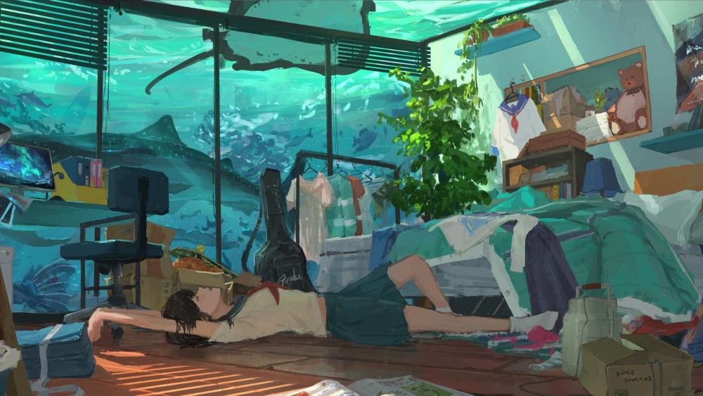 Underwater room anime art wallpaper