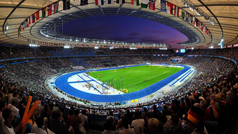 Panorama of the Olympiastadion in Berlin at Night During the World Championships in Athletics wallpaper