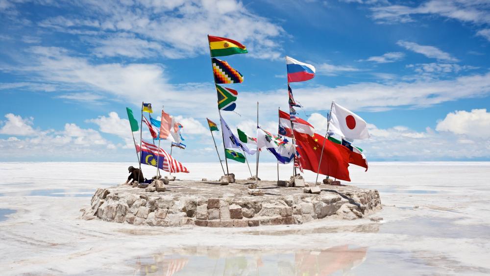 Flags at Salar de Uyuni, Bolivia wallpaper