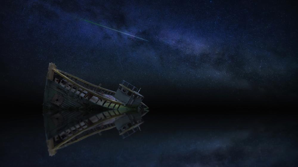 Boat wreck under the milky way wallpaper