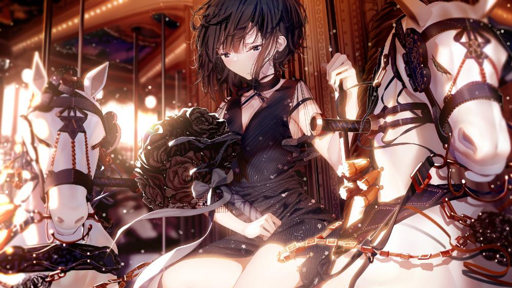 Anime girl on carousel wallpaper
