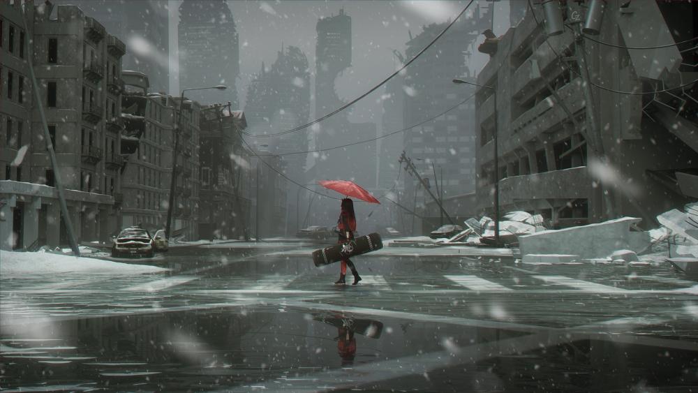 Snowy ruined city and girl in red dress with red umbrella wallpaper
